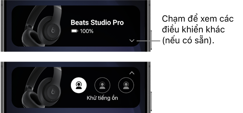 Hình ảnh thứ nhất hiển thị tiện ích ứng dụng Beats đang hiển thị tai nghe trùm đầu Beats Studio Pro được kết nối và một nút để hiển thị các điều khiển khác; hình ảnh thứ hai hiển thị các điều khiển Khử tiếng ồn trong tiện ích.
