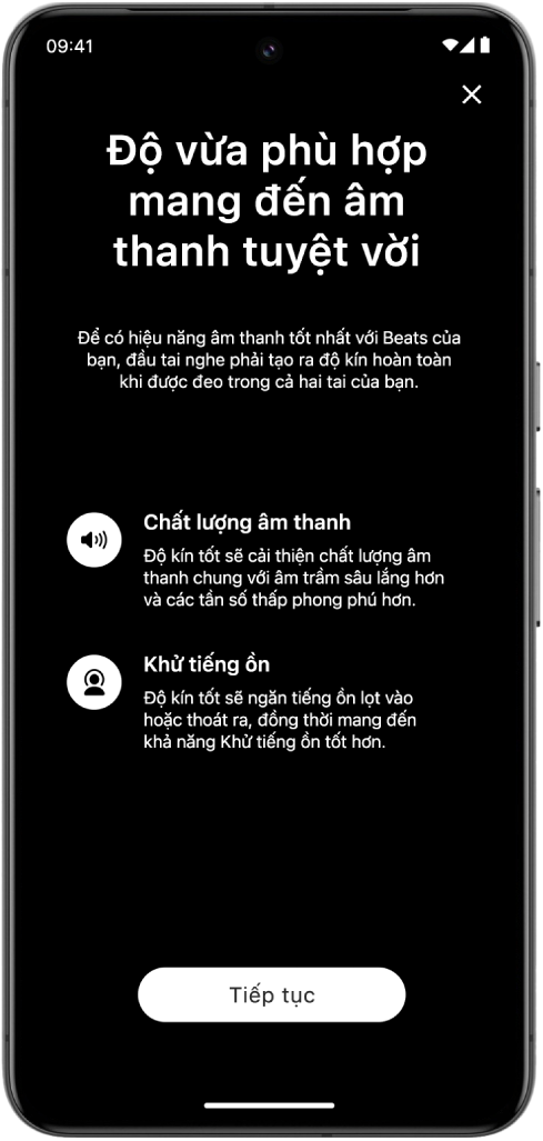 Một màn hình thiết bị Android đang hiển thị Kiểm tra độ vừa vặn của đầu tai nghe.