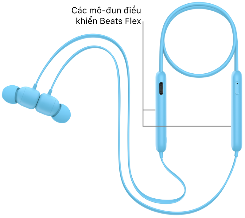 Hình ảnh của Beats Flex đang hiển thị vị trí của nút nguồn trên mô-đun điều khiển bên phải, cũng như vị trí của nút âm lượng và nút hệ thống trên mô-đun điều khiển bên trái.