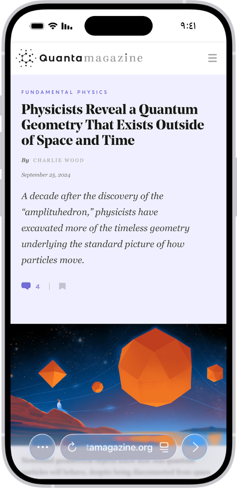 موقع إلكتروني مفتوح في سفاري يظهر به تخطيط علامة تبويب مدمج. في الجزء السفلي من اليمين إلى اليسار، تظهر أزرار رجوع، وقائمة الصفحة، وحقل البحث، وإعادة تحميل والمزيد.