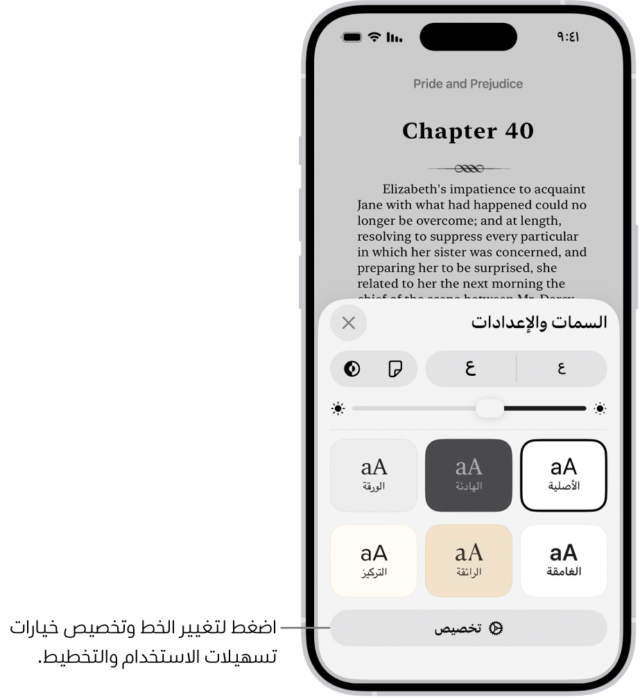 صفحة من كتاب في تطبيق الكتب. خيارات السمات والإعدادات تعرض عناصر التحكم في حجم الخط وطريقة عرض التمرير ونمط قلب الصفحة والسطوع وأنماط الخط.