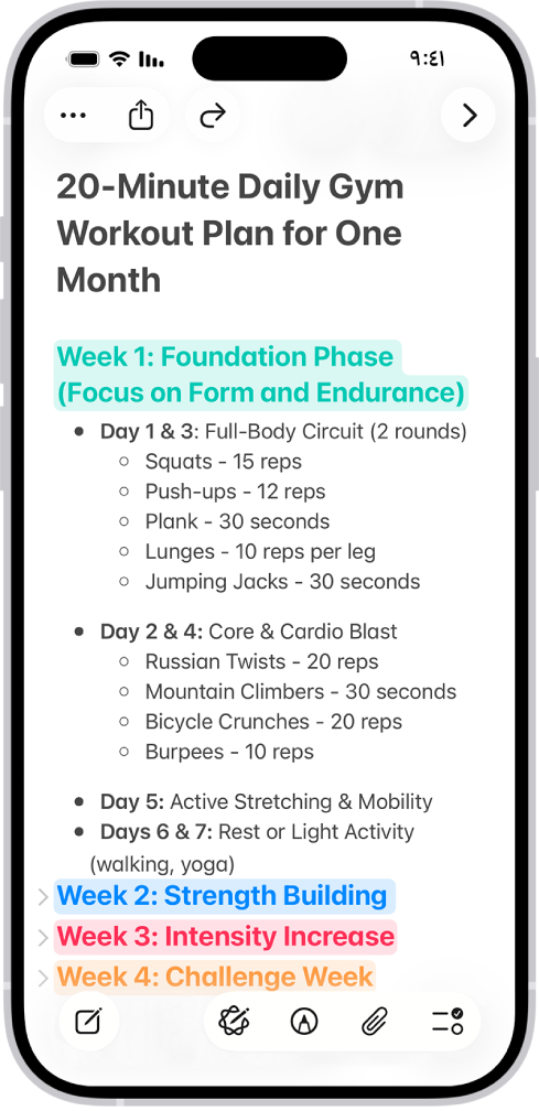 ملاحظة في تطبيق الملاحظات، تظهر بها عناوين قابلة للطي في الجزء العلوي من الشاشة.