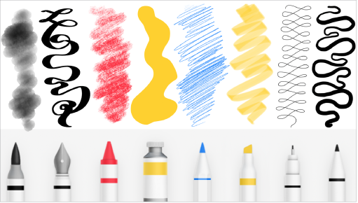 بعض أدوات الرسم والخطوط المرسومة في المساحة الحرة: أداة تحديد وقلم وأداة تمييز وقلم رصاص وقلم تلوين وقلم حبر وفرشاة ألوان مائية.