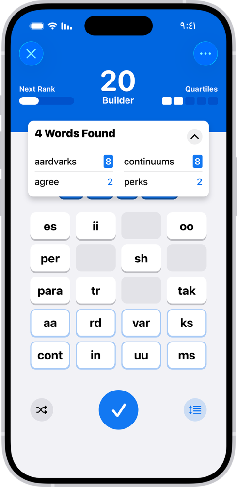 لغز Quartiles، تظهر بها نتيجة اللاعب ومرتبته وتقدمه إلى المرتبة التالية. قائمة تظهر بها كلمات يمكن العثور عليها من المربعات في شبكة Quartiles.