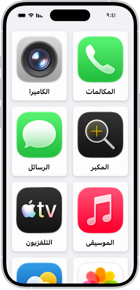 iPhone تظهر به الشاشة الرئيسية للوصول المساعد مع شبكة كبيرة من التطبيقات.