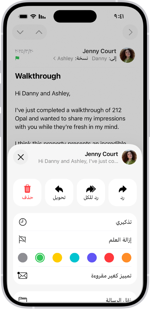 رسالة تظهر بها خيارات الرد في منتصف الجزء السفلي من الشاشة، بما في ذلك زر إزالة العلم واختيارات ألوان الأعلام.