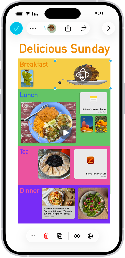 لوحة مساحة حرة تحتوي على عدة ملفات مدرجة: ملف صورة ثلاثية الأبعاد، ورابط، وفيديو، وملصقات، وصورة. ملف الصورة ثلاثية الأبعاد محدد ويظهر زر التدوير وأدوات التنسيق الخاصة بها.
