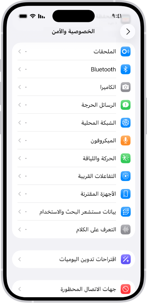 شاشة الخصوصية والأمان، التي تحتوي على إعدادات للتحكم في ما إذا كان بإمكان التطبيقات استخدام الكاميرا والميكروفون وأجزاء أخرى من جهاز iPhone.