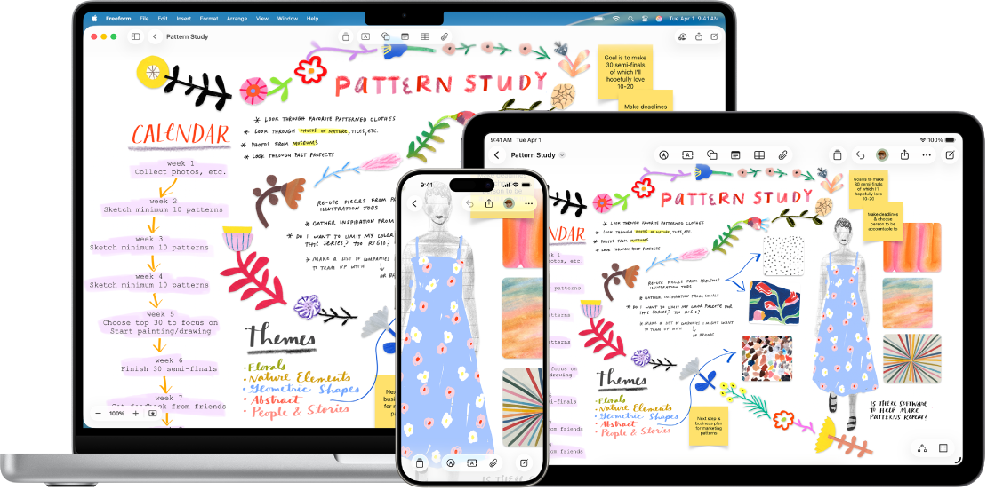 একটি Mac, iPad এবং iPhone-এ একই Freeform বোর্ড খোলা আছে।