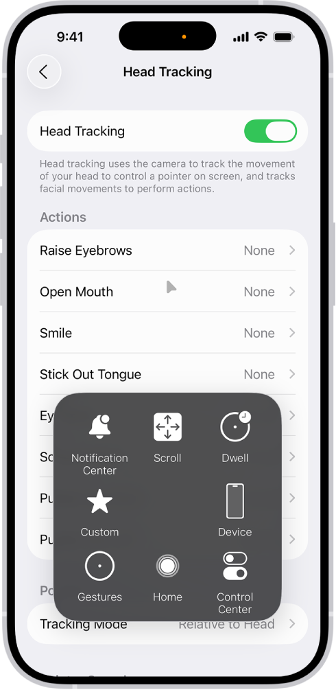 একটি iPhone যেটিতে হেড-ট্র্যাকিং চালু আছে। AssistiveTouch মেনু দেখা যাচ্ছে, যেটিতে নোটিফিকেশন সেন্টার, স্ক্রোল, ডুয়েল, ডিভাইস, কন্ট্রোল সেন্টার, হোম, জেসচার এবং কাস্টমের জন্য কন্ট্রোল দেখাচ্ছে।