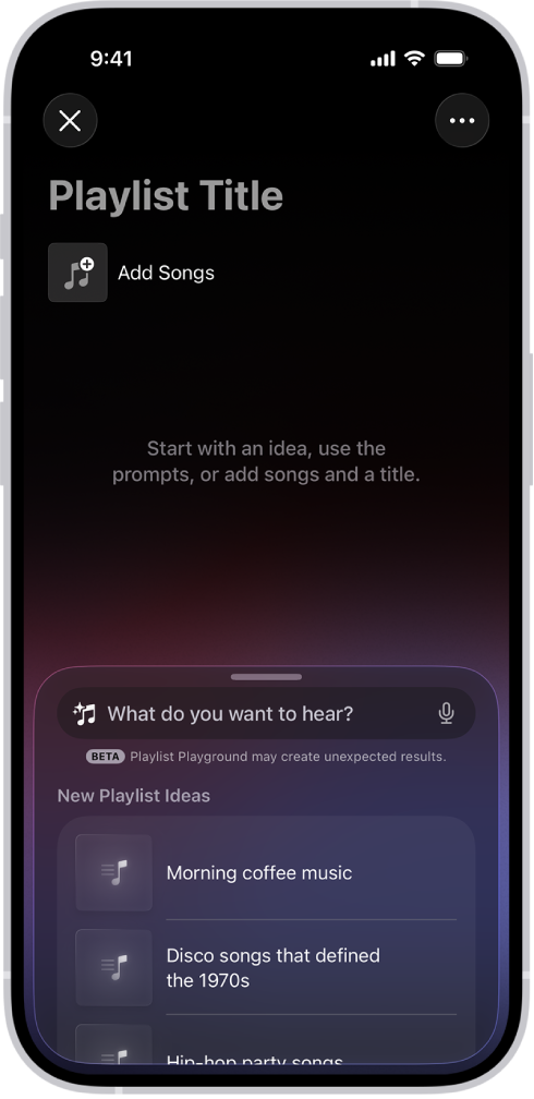 Apple Music অ্যাপের একটি স্ক্রিন, যেখানে Playlist Playground তৈরির পেজটি দেখা যাচ্ছে। এতে শিরোনাম, গান যোগ করার বাটন এবং একটি সার্চ বার রয়েছে, যেখানে “সকালের কফি মিউজিক”-এর মতো প্লেলিস্টের পরামর্শ দেওয়া রয়েছে।