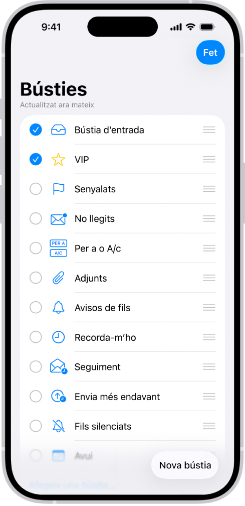 Pantalla d’edició Bústies. Les bústies opcionals s’enumeren de dalt a baix i tenen una casella a l’esquerra de cada opció. A l’angle inferior dret de la pantalla hi ha el botó “Nova bústia”.