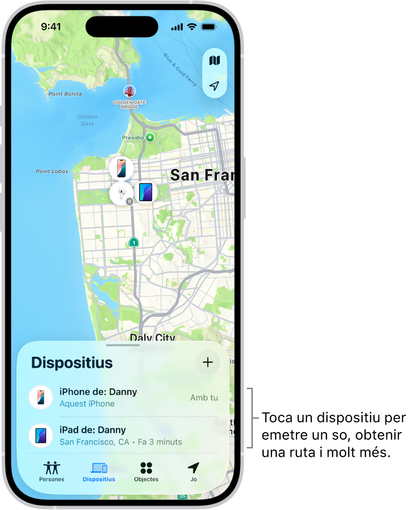 Pantalla de l’app Cerca oberta per la llista de dispositius. A la llista de dispositius hi ha dos dispositius: l’iPhone de l’Adrià i l’iPad de l’Adrià. Es mostren les seves ubicacions en un mapa.