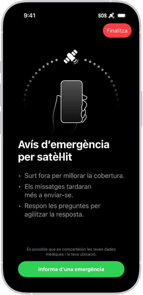 La pantalla d’avís d’emergència SOS, que mostra que el telèfon està connectat i ensenya l’usuari com seguir apuntant al satèl·lit. A la part inferior de la pantalla hi ha el botó “Informa d’una emergència”.