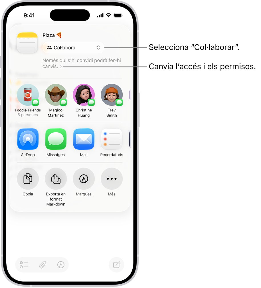 Una invitació de col·laboració a una recepta de l’app Notes, que mostra l’opció “Col·labora” com a opció per compartir i “Només qui convidis podrà editar-ho” com a configuració d’accés i de permisos. A sota, quatre destinataris possibles formen una fila, inclòs un grup. A la fila següent s’ofereixen maneres diferents de compartir la nota: l’AirDrop i les apps Missatges, Mail i Recordatoris.