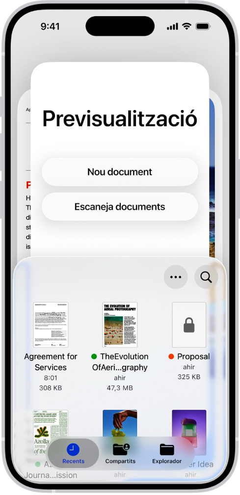 L’explorador de documents a l’app Previsualització. Al mig de la pantalla hi ha els botons “Nou document”, “Escaneja documents”, “Més” i “Cerca”. A la part inferior de la pantalla hi ha els botons “Recents”, “Comparteix” i “Explora”.