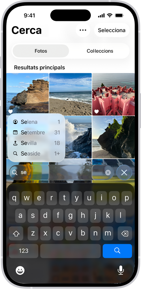 La pantalla de cerca de l’app Fotos mostra els suggeriments de cerca en funció del text que s’ha introduït al camp de cerca.