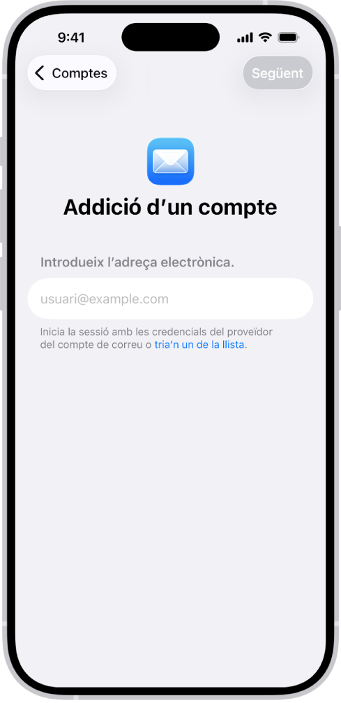 La pantalla per afegir un compte amb un camp per introduir-hi l’adreça electrònica.
