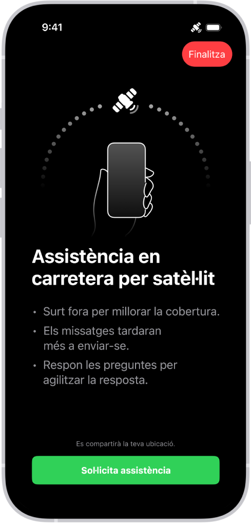 La pantalla d’assistència en carretera per satèl·lit. A la part inferior de la pantalla hi ha el botó “Sol·licita assistència”.