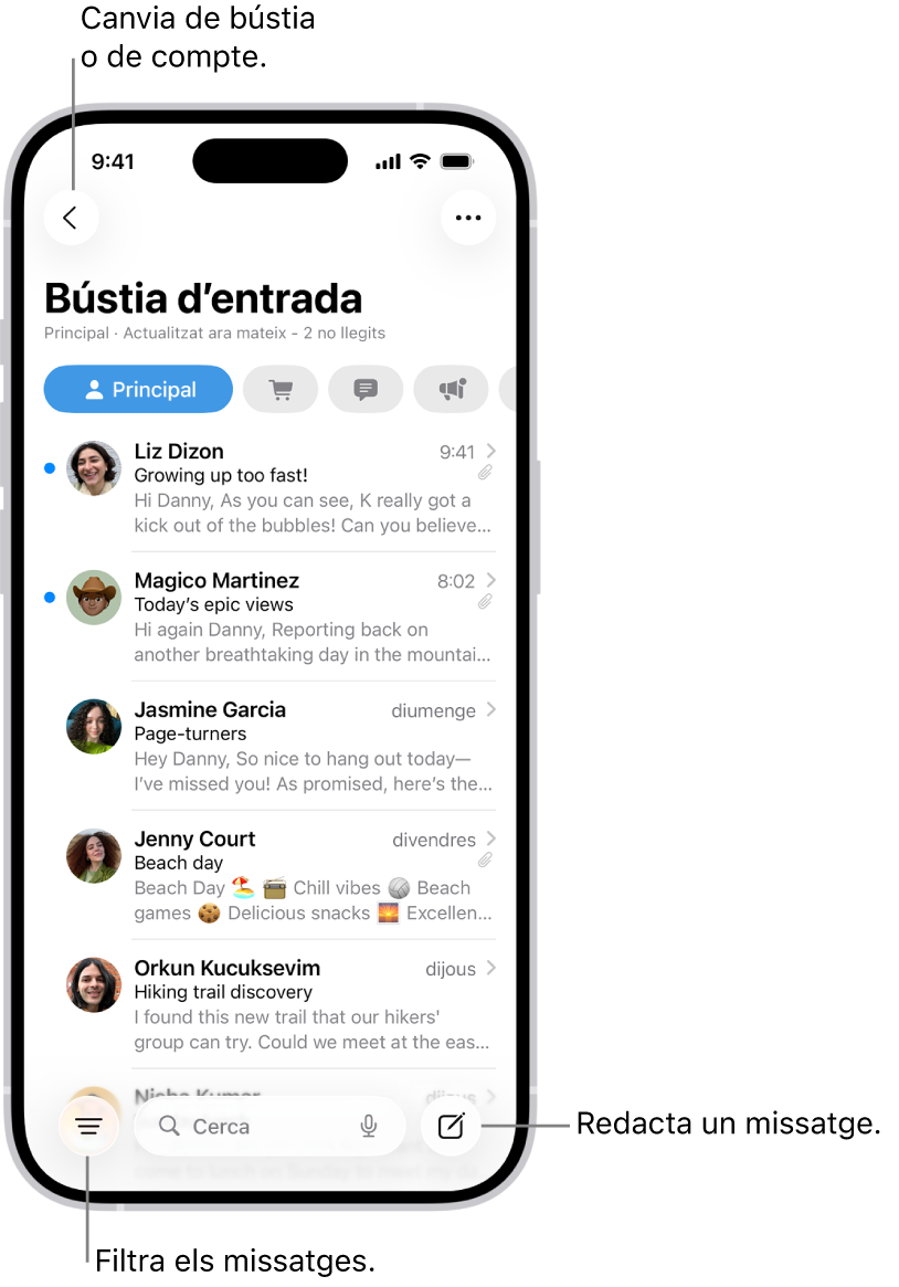 La bústia d’entrada de l’app Mail amb una llista de correus electrònics.