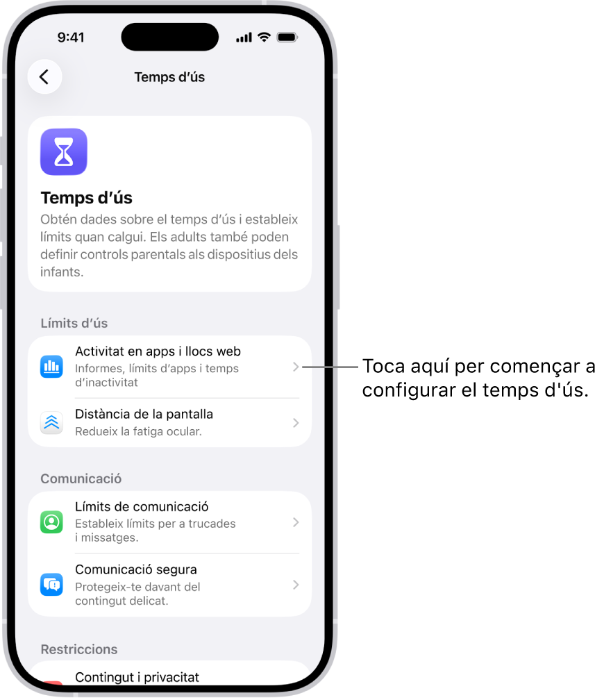 Pantalla de configuració del temps d’ús en què es mostra que cal tocar “Activitat a les apps i als llocs web” per començar.