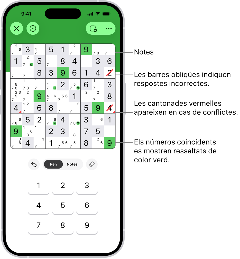 Un sudoku amb diferents funcions activades: notes, xifres coincidents ressaltades, conflictes i comprovació automàtica.