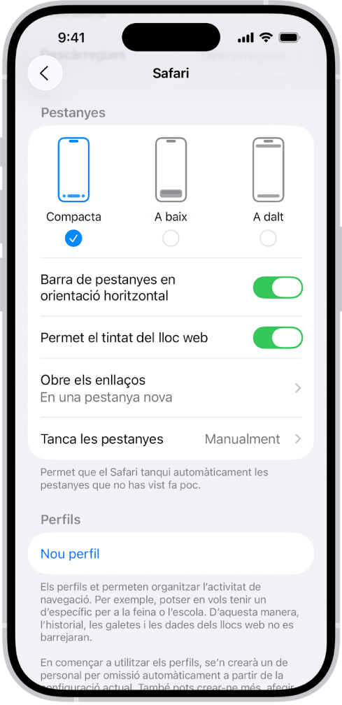 Una pantalla mostra tres opcions de disposició del Safari: “Compacta”, “A baix” i “A dalt”.