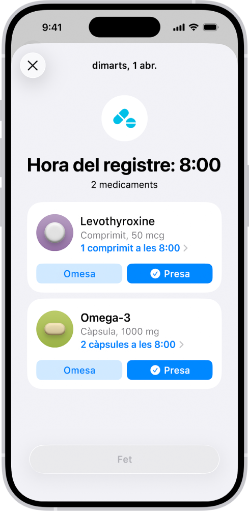 Pantalla de medicaments de l’app Salut, en què es mostra un registre de medicaments.