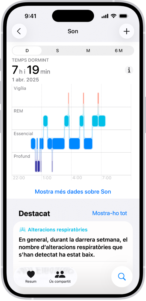 La pantalla del son a l’app Salut mostra el temps estimat de cada fase del son: vigília, REM, essencial i profund.