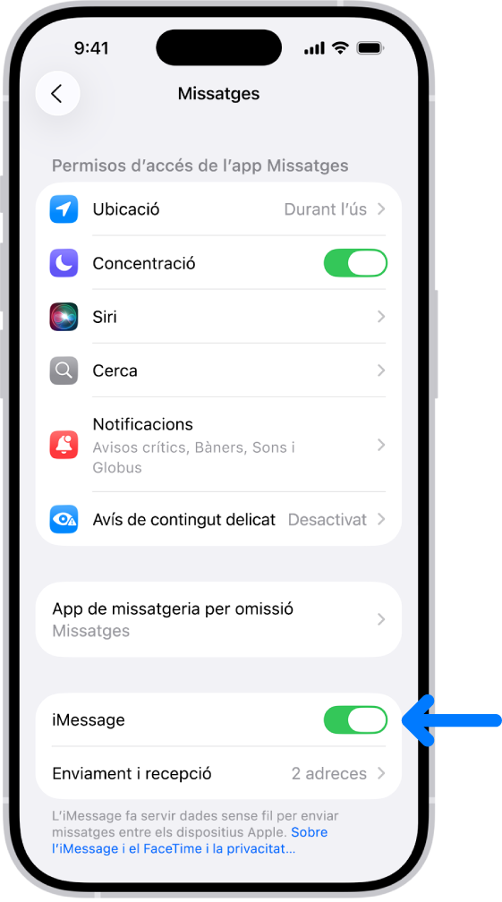 El tauler de configuració de l’app Missatges amb l’iMessage activat.