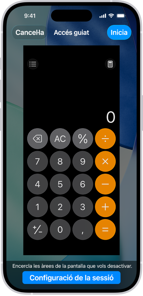 Una pantalla d’iPhone en què es mostra com es configura l’accés guiat. L’iPhone es bloqueja temporalment amb només l’app Calculadora i s’ha desactivat un dels botons de l’app.