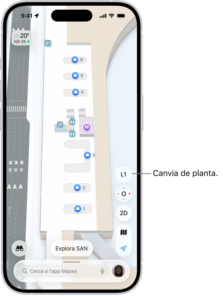 Mapa de l’interior d’una terminal de l’aeroport. Els ítems inclouen un punt de control d’immigració, escales, lavabos i primers auxilis. Pots canviar entre els nivells de mapes amb diferents pisos amb el botó denominat “L1” (que vol dir “level 1”, “nivell 1” en anglès).