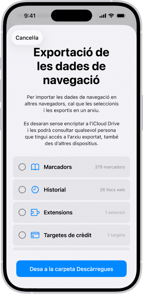 La pantalla d’exportació de les dades de navegació, amb l’opció “Contrasenyes” seleccionada per a l’exportació a un altre gestor de contrasenyes.