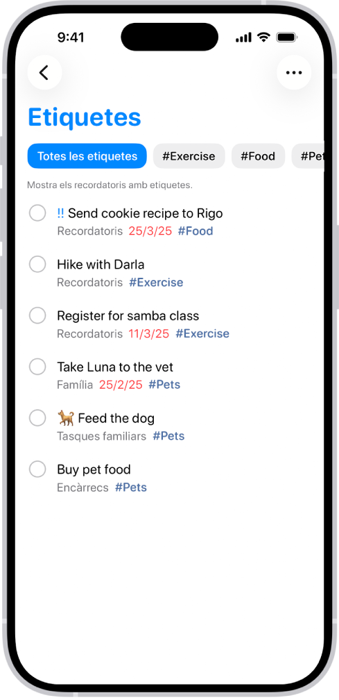 Una llista de recordatoris etiquetats a l’app Recordatoris. Al llarg de la part superior hi ha botons que mostren altres etiquetes que es poden aplicar.