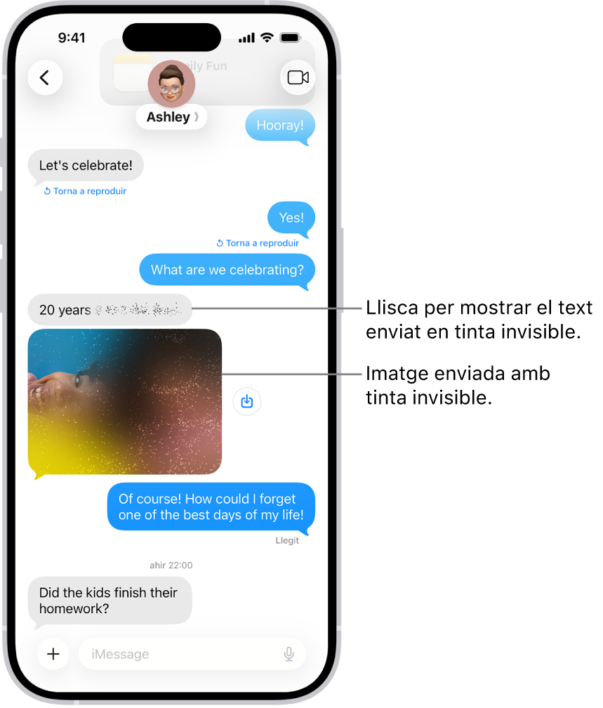 Una conversa a l’app Missatges que inclou un missatge de text i una foto enviada amb l’efecte de tinta invisible.