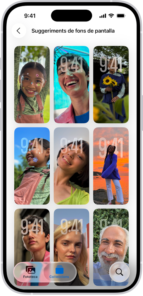 Els suggeriments de fons de pantalla oberts a l’app Fotos. Les combinacions de fotos, efectes de filtre i tipus de lletres d’esfera de rellotge generades automàticament es mostren en una retícula de suggeriments.