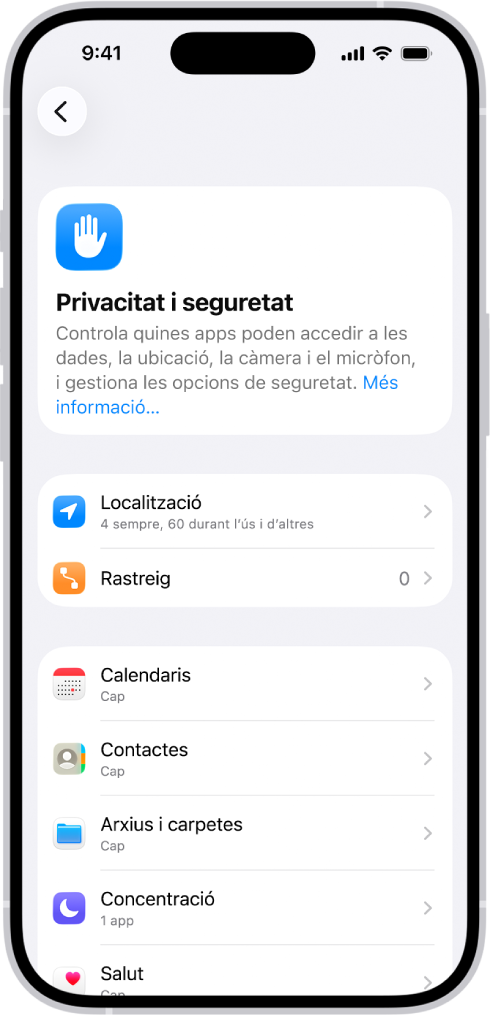 La pantalla “Privacitat i seguretat” a l’app Configuració.