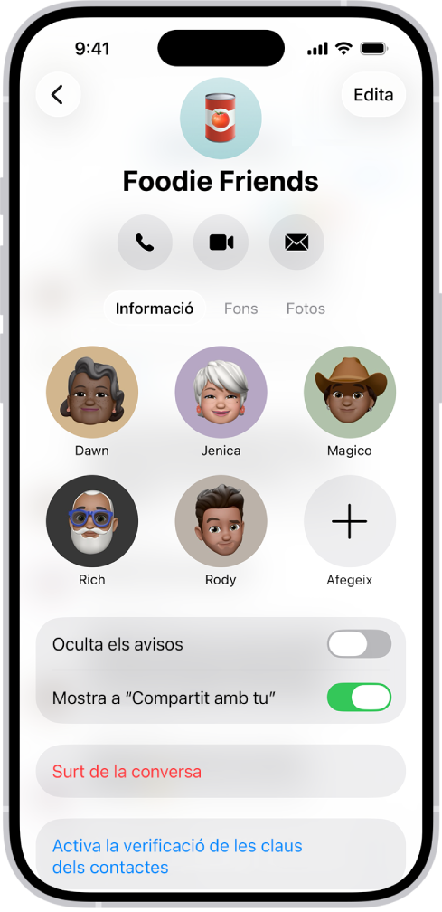 Els detalls de la conversa per a un grup.