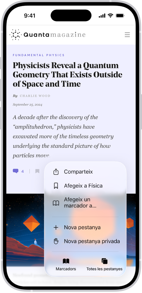 La finestra dels marcadors mostra les opcions per veure els marcadors, la llista de lectura i l’historial de navegació.
