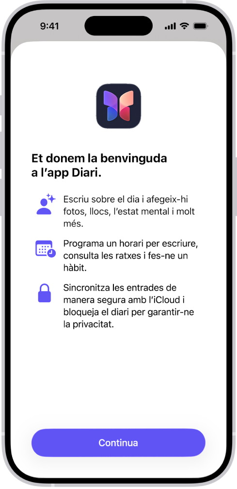 Pantalla de benvinguda de l’app Diari.