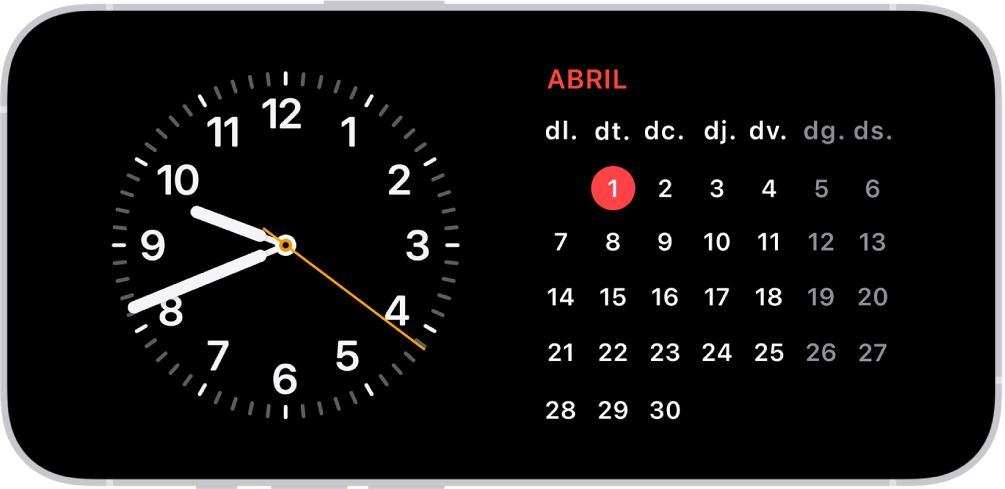 iPhone en posició horitzontal. A l’esquerra de la pantalla es mostra un rellotge i, a la dreta, la data.