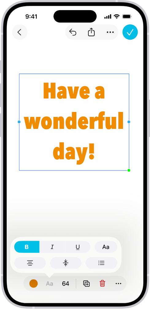 Una pissarra de l’app Freeform mostra un quadre de text seleccionat i, a sota, les eines de format de text.