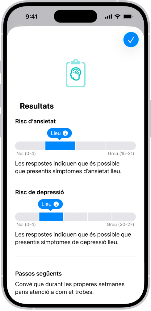 Pantalla de l’app Salut en què es mostren els resultats d’un qüestionari de salut mental.