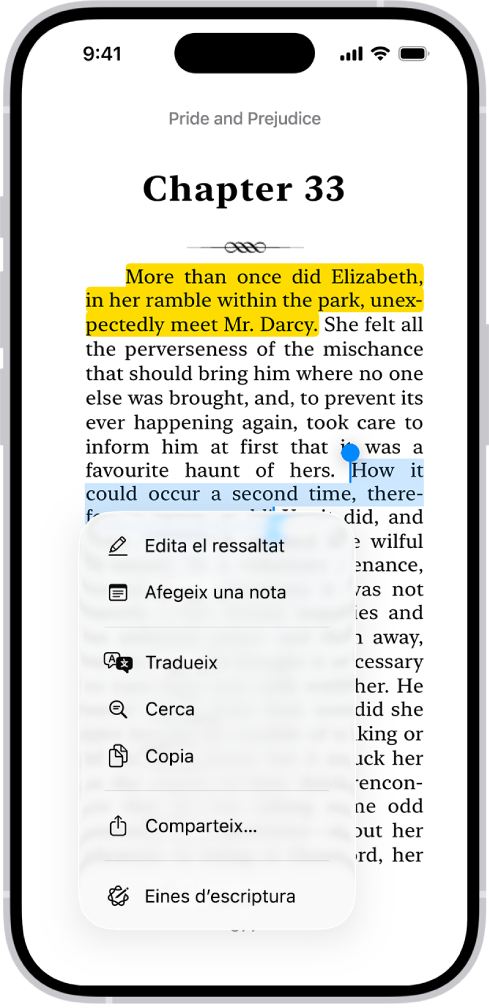 Pàgina d’un llibre a l’app Llibres amb una part del text de la pàgina seleccionada. Els controls “Ressalta”, “Afegeix una nota” i “Tradueix” són a sobre del text seleccionat.