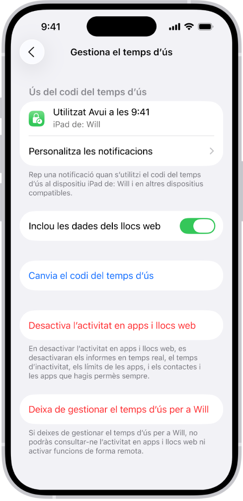 La pantalla de gestió del temps d’ús d’un menor d’edat. A la part superior de la pantalla es mostra l’última vegada que s’ha fet servir el codi i en quin dispositiu.