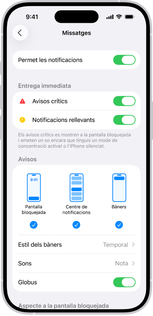 La configuració de les notificacions de l’app Missatges a l’app Configuració.