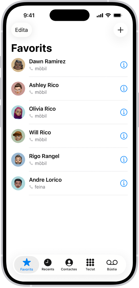 Pantalla de favorits a l’app Contactes, amb sis contactes inclosos com a favorits.