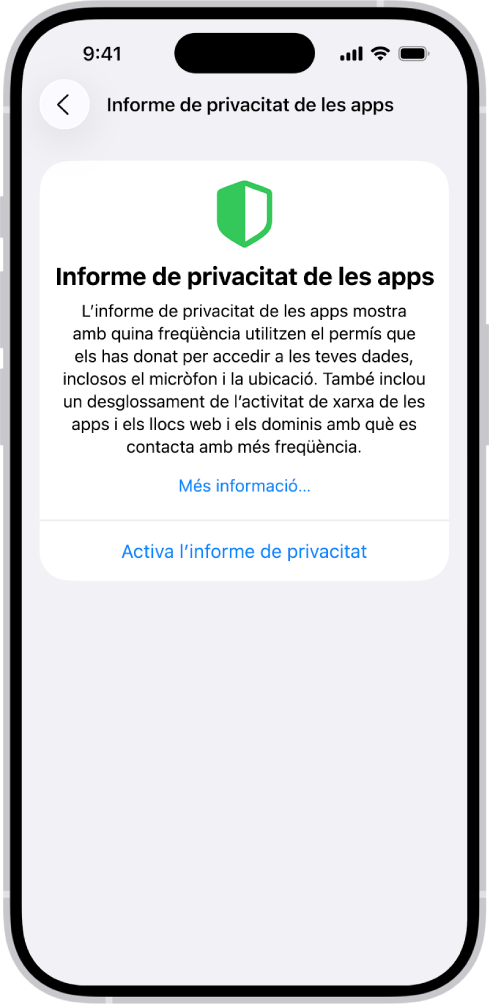 Un informe de privacitat de les apps, on es pot veure informació sobre apps a la categoria “Accés a les dades i els sensors” i informació sobre apps a la categoria “Activitat de xarxa de les apps”.