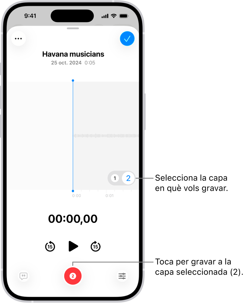 La pantalla per gravar una segona capa a l’app Notes de Veu.
