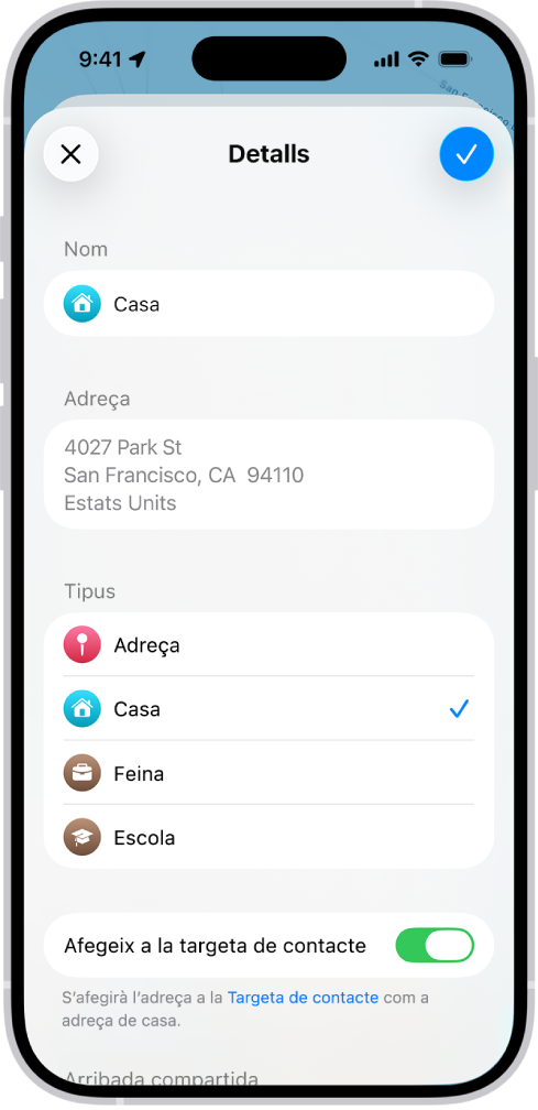L’app Mapes mostra la pantalla d’informació amb les opcions per definir una adreça com a casa, feina o escola.